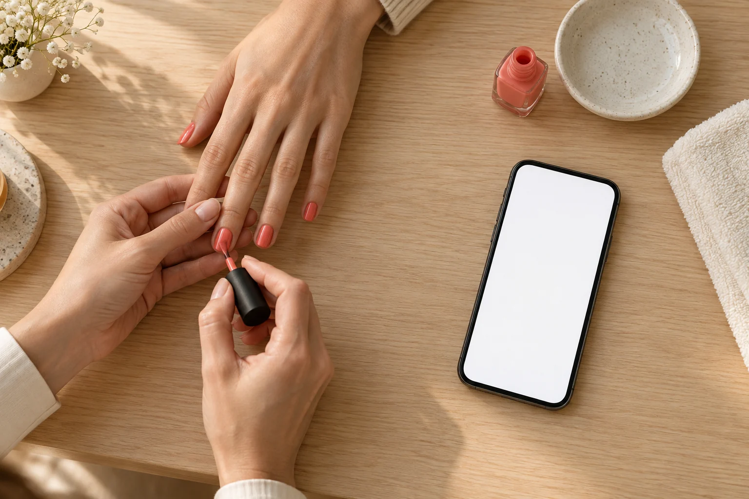 Hände bei der Nagelbehandlung, daneben ein Smartphone mit leuchtendem Display auf dem Tisch